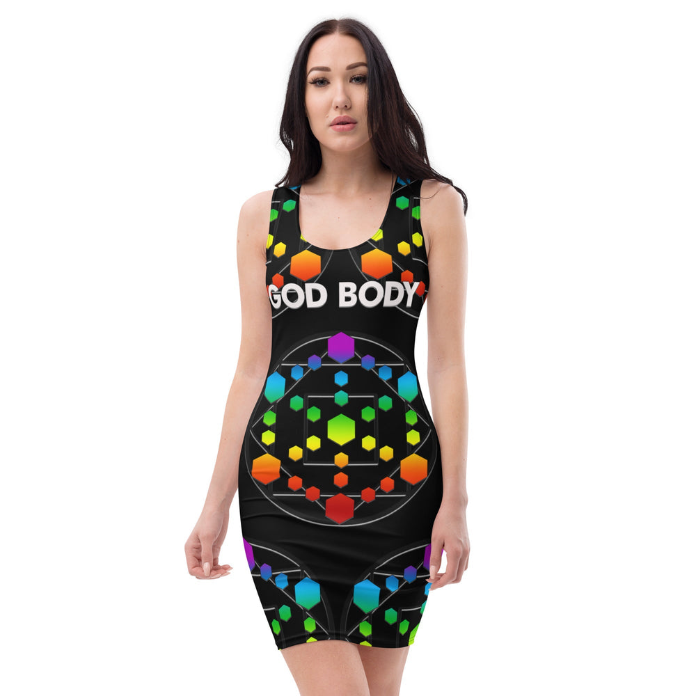 God Body Chakra Bodycon Dress front view by ATTIRET