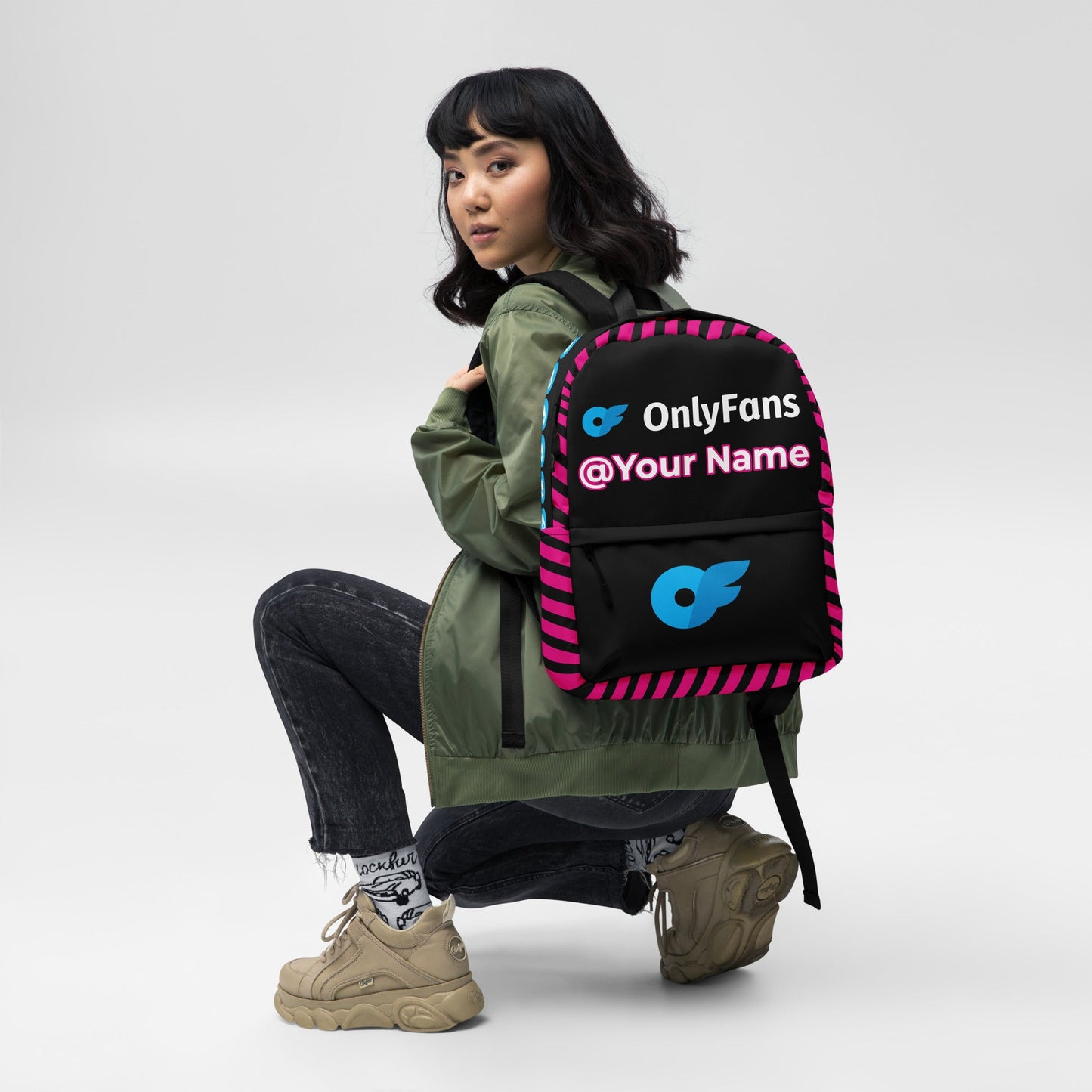 Onlyfans Personalized Custom Name Logo Unisex Backpack Design in Pink | Personalized design | Content Creator Bag | To go Bag | Camera Bag Attire T LLC