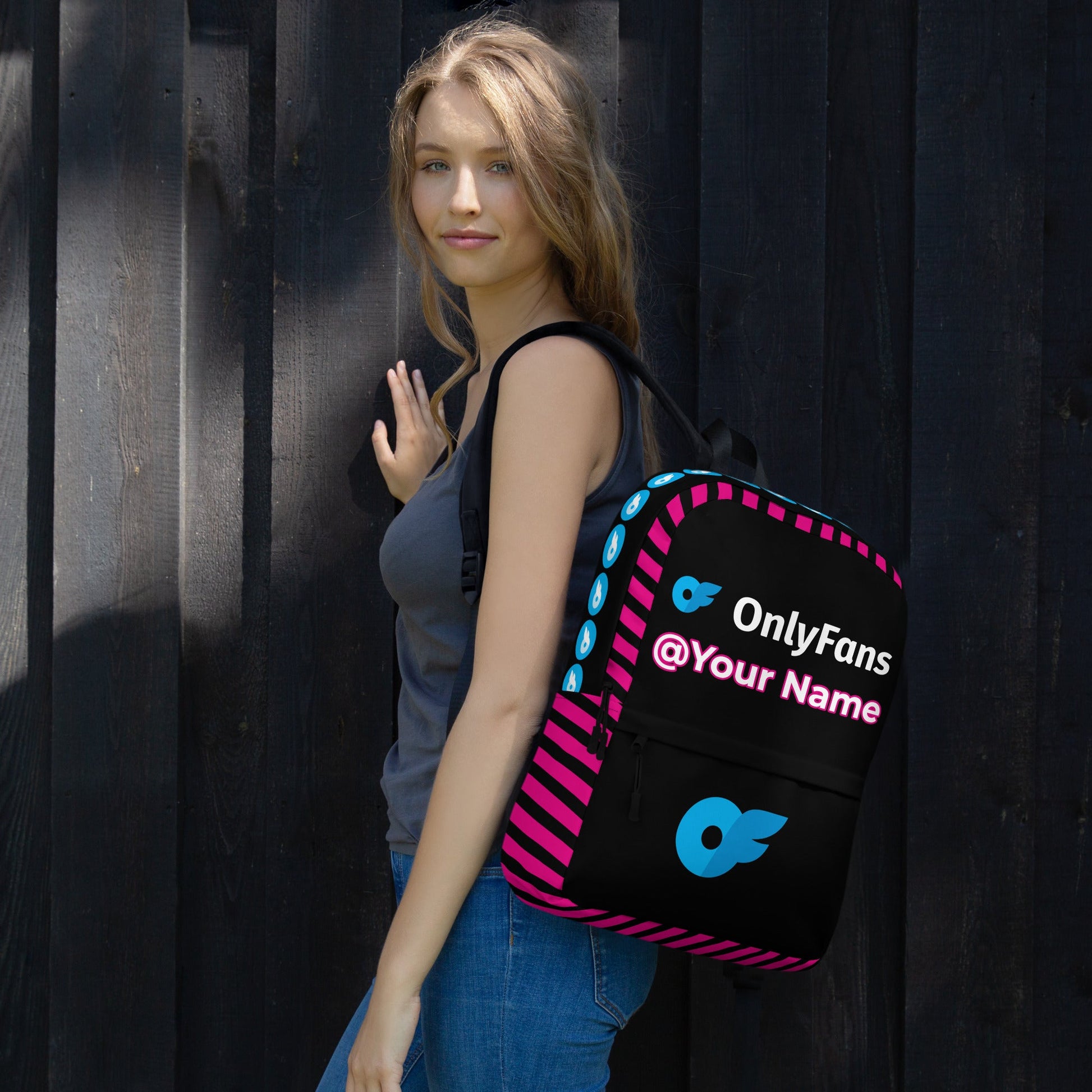 Onlyfans Personalized Custom Name Logo Unisex Backpack Design in Pink | Personalized design | Content Creator Bag | To go Bag | Camera Bag Attire T LLC