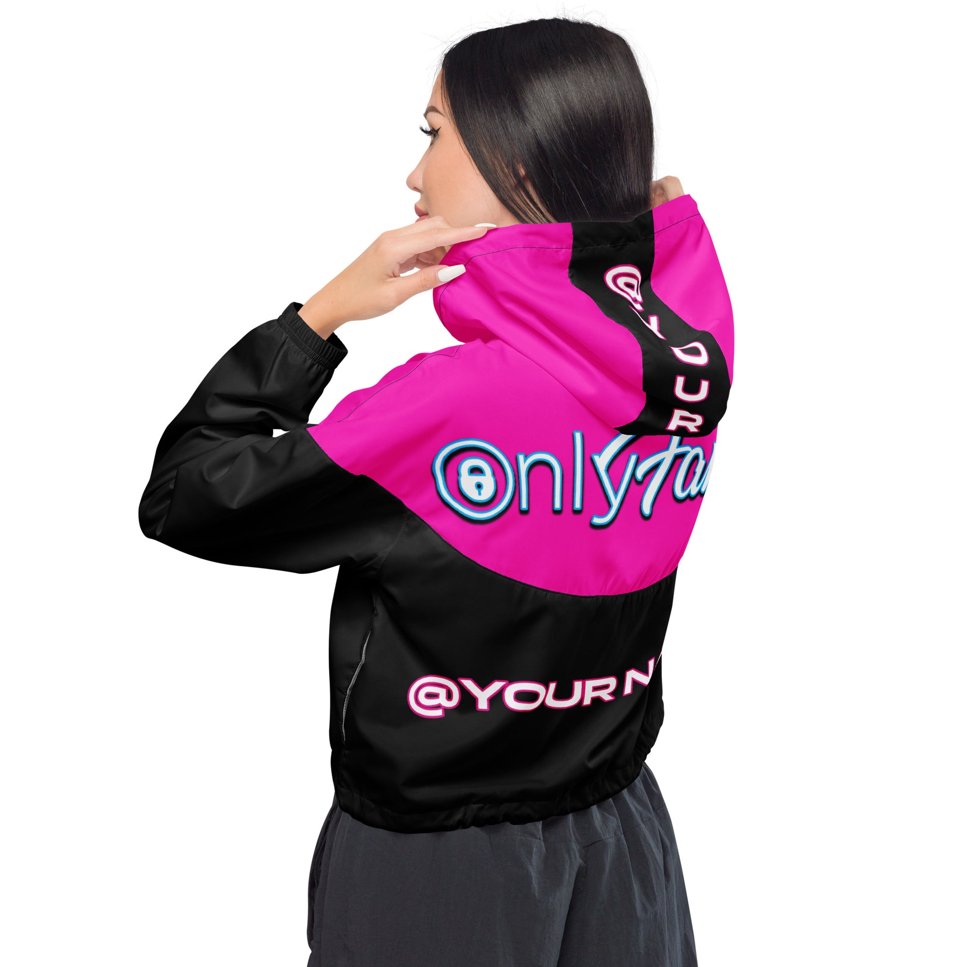OnlyFans Personalized Custom Women’s Cropped Windbreaker Jacket (Pink/Blk) - Attire T LLC