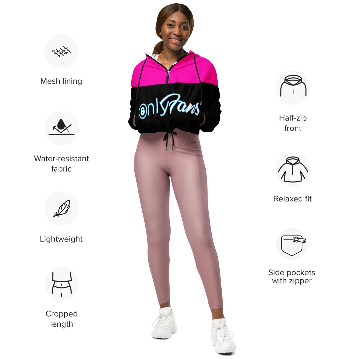 OnlyFans Personalized Custom Women’s Cropped Windbreaker Jacket (Pink/Blk) - Attire T LLC