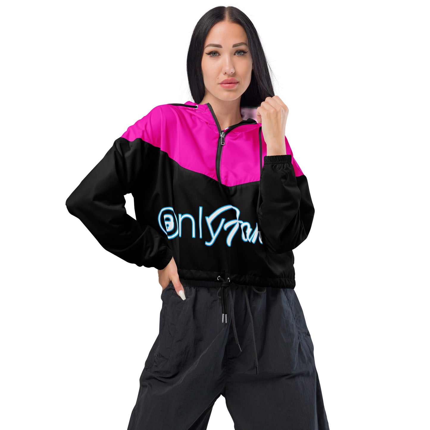 OnlyFans Personalized Custom Women’s Cropped Windbreaker Jacket (Pink/Blk) - Attire T LLC