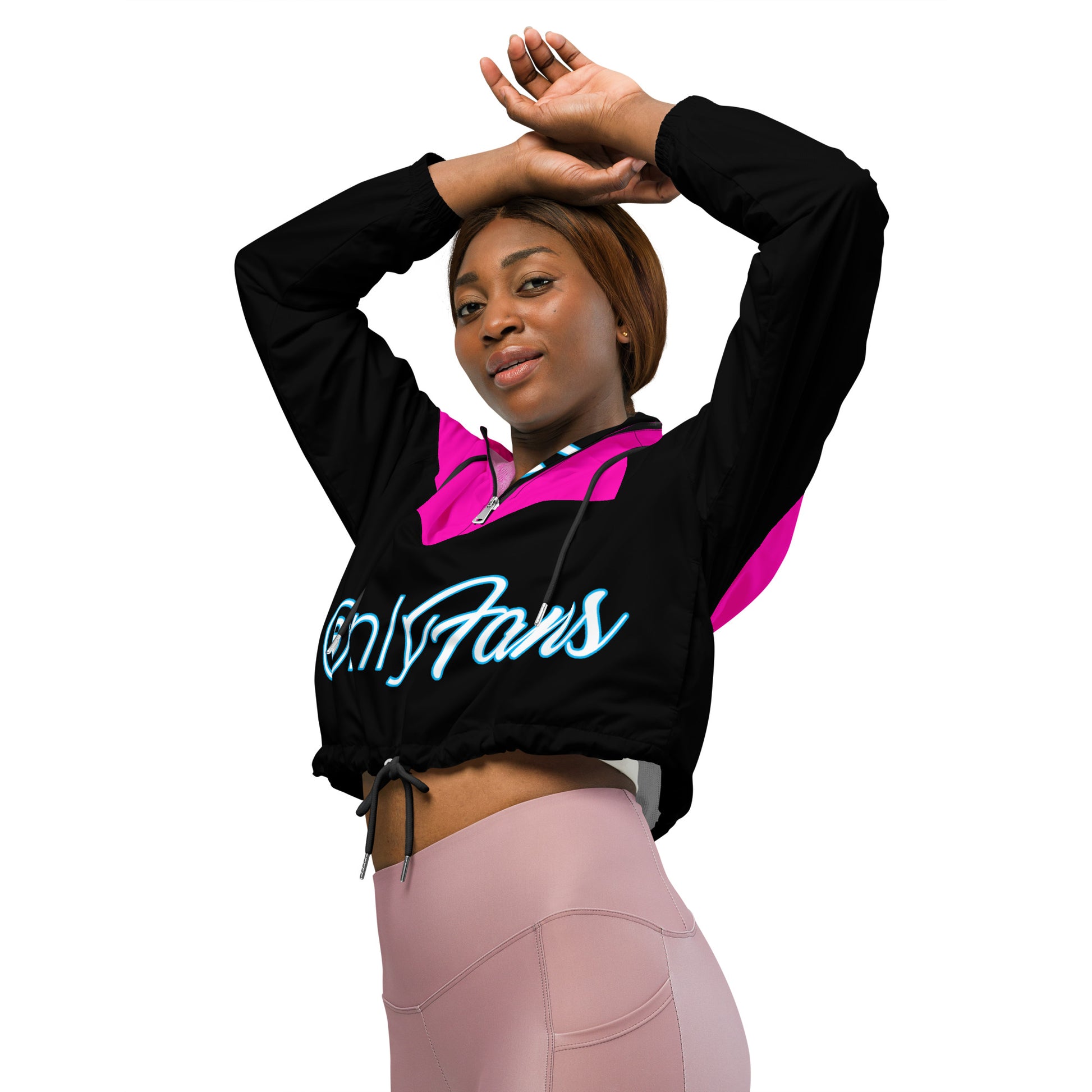 OnlyFans Personalized Custom Women’s Cropped Windbreaker Jacket (Pink/Blk) - Attire T LLC