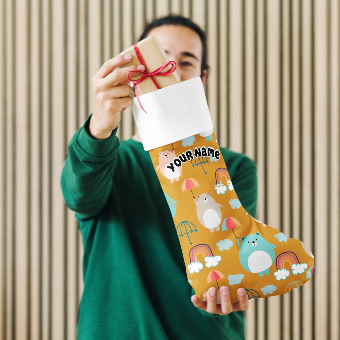 Adorable Personalized Custom Name Bears and Umbrellas Christmas Stocking Attire T LLC