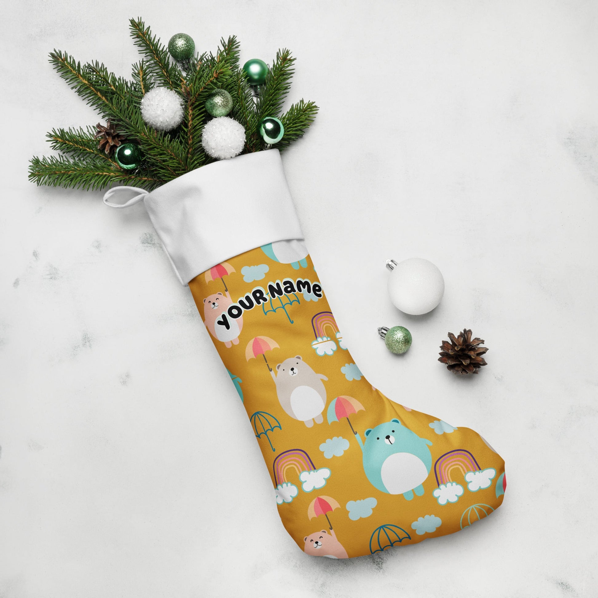 Adorable Personalized Custom Name Bears and Umbrellas Christmas Stocking Attire T LLC