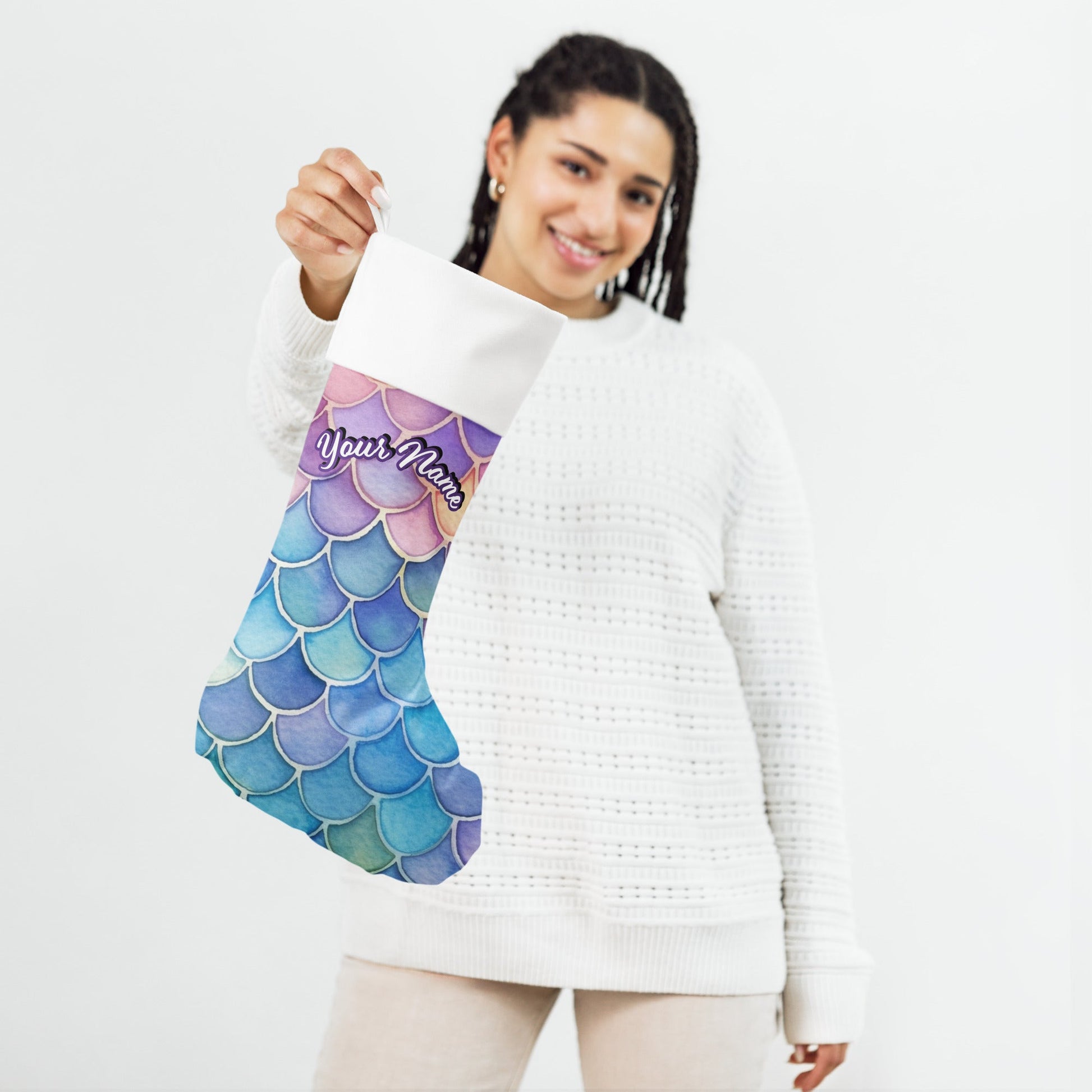 Personalized Name | Dive into the Magic of Christmas with Your Own Personalized Mermaid Scales Stocking Attire T LLC