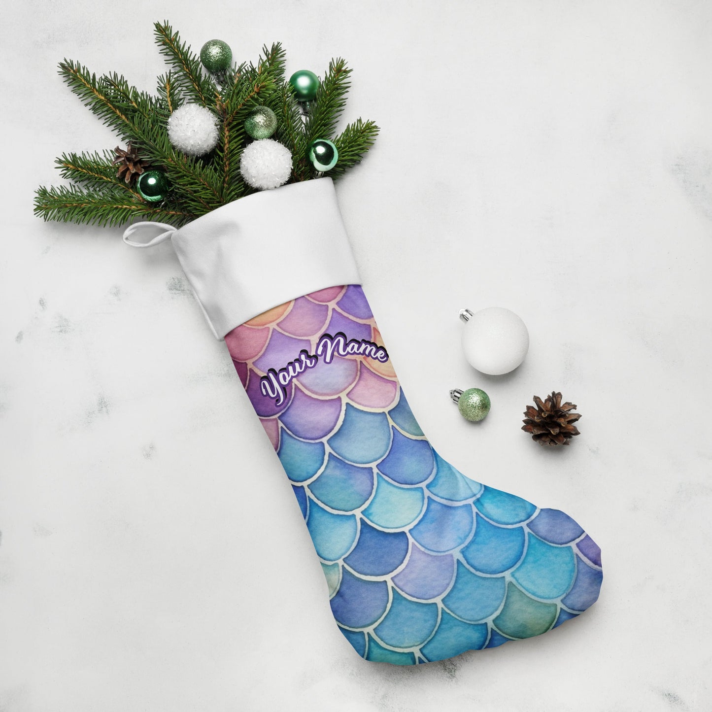Personalized Name | Dive into the Magic of Christmas with Your Own Personalized Mermaid Scales Stocking Attire T LLC