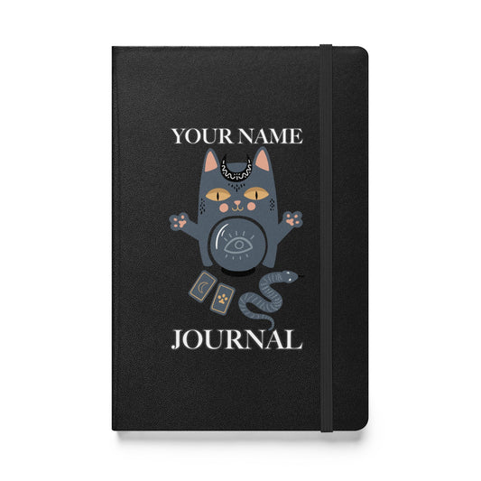 Personalized Custom Name Journal Blank lined Page with a Cute Majick Cat Spiritual on Hardcover bound notebook Attire T LLC