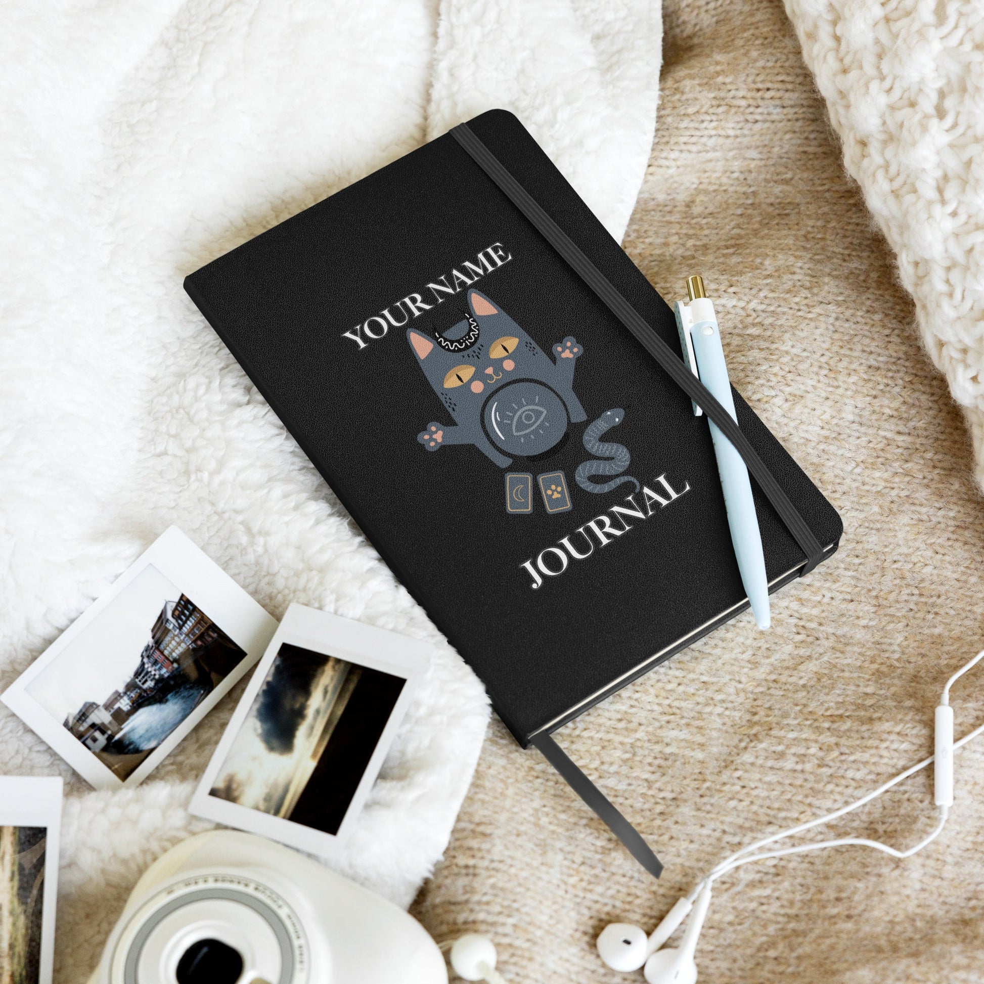 Personalized Custom Name Journal Blank lined Page with a Cute Majick Cat Spiritual on Hardcover bound notebook Attire T LLC