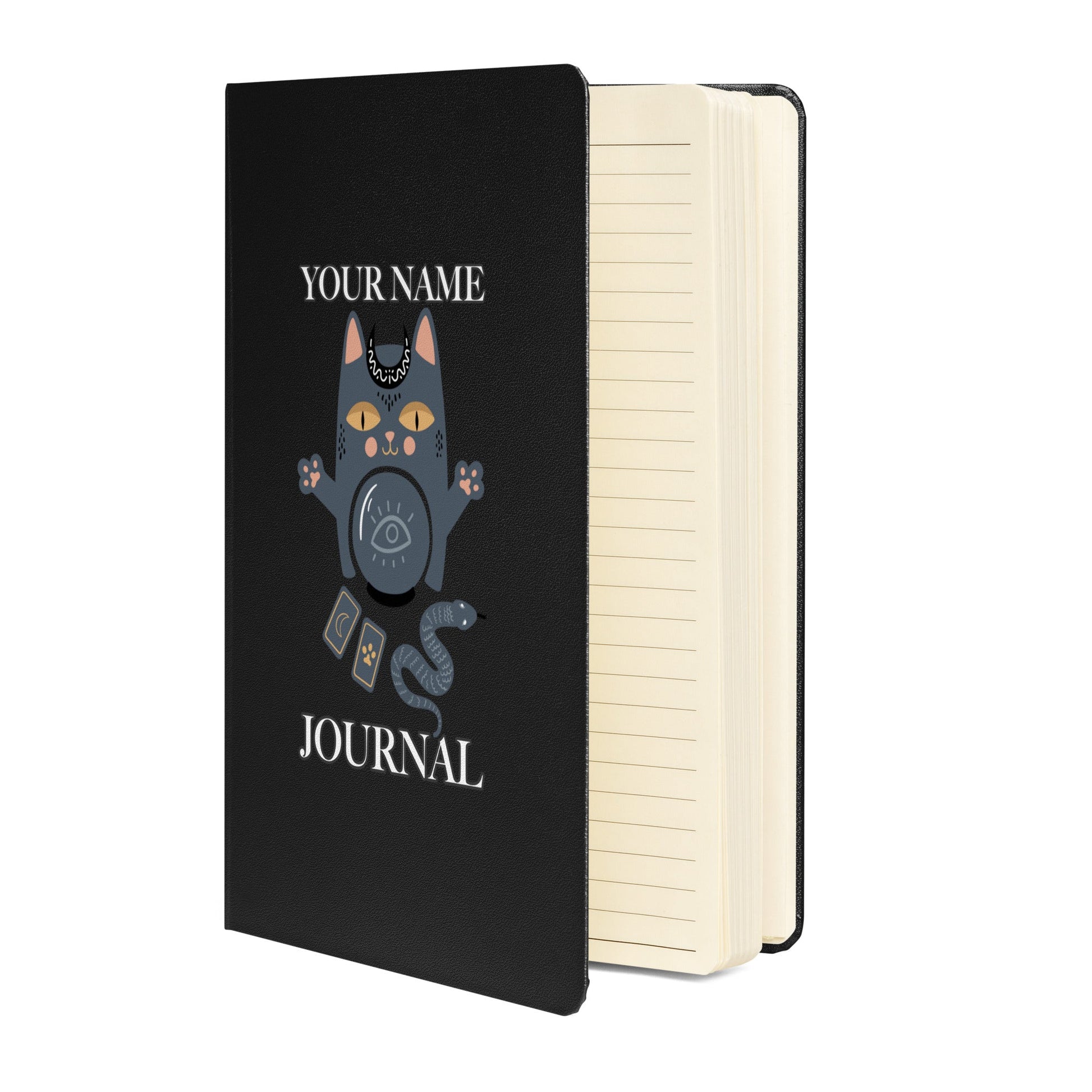Personalized Custom Name Journal Blank lined Page with a Cute Majick Cat Spiritual on Hardcover bound notebook Attire T LLC