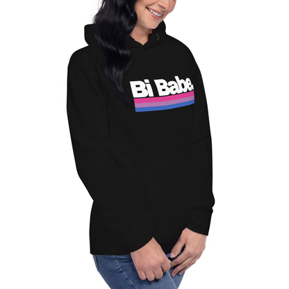 Bi Babe bisexual pride hoodie, front-right view